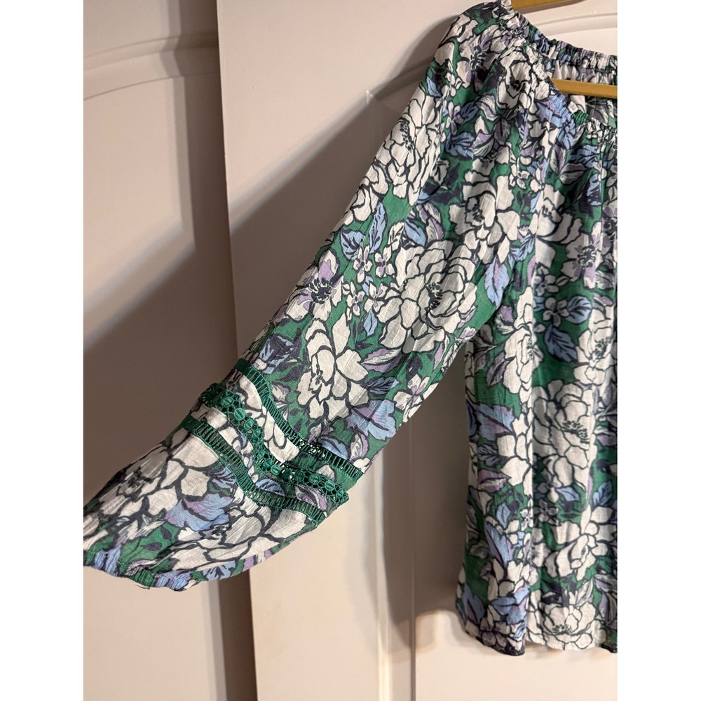 Hope & Harlow Blouse Women XL Green Floral Boho Crochet Lace Peasant Flowy - Picture 3 of 9
